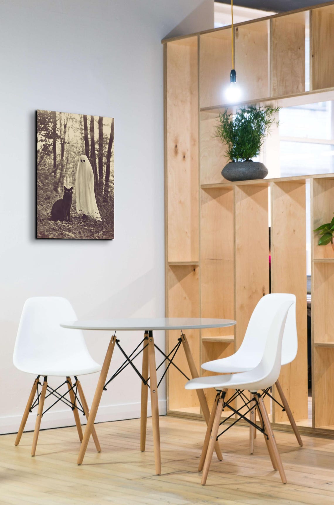 Sepia Ghost and Black Cat Standing Together in an Autumn Forest Poster - Image 7