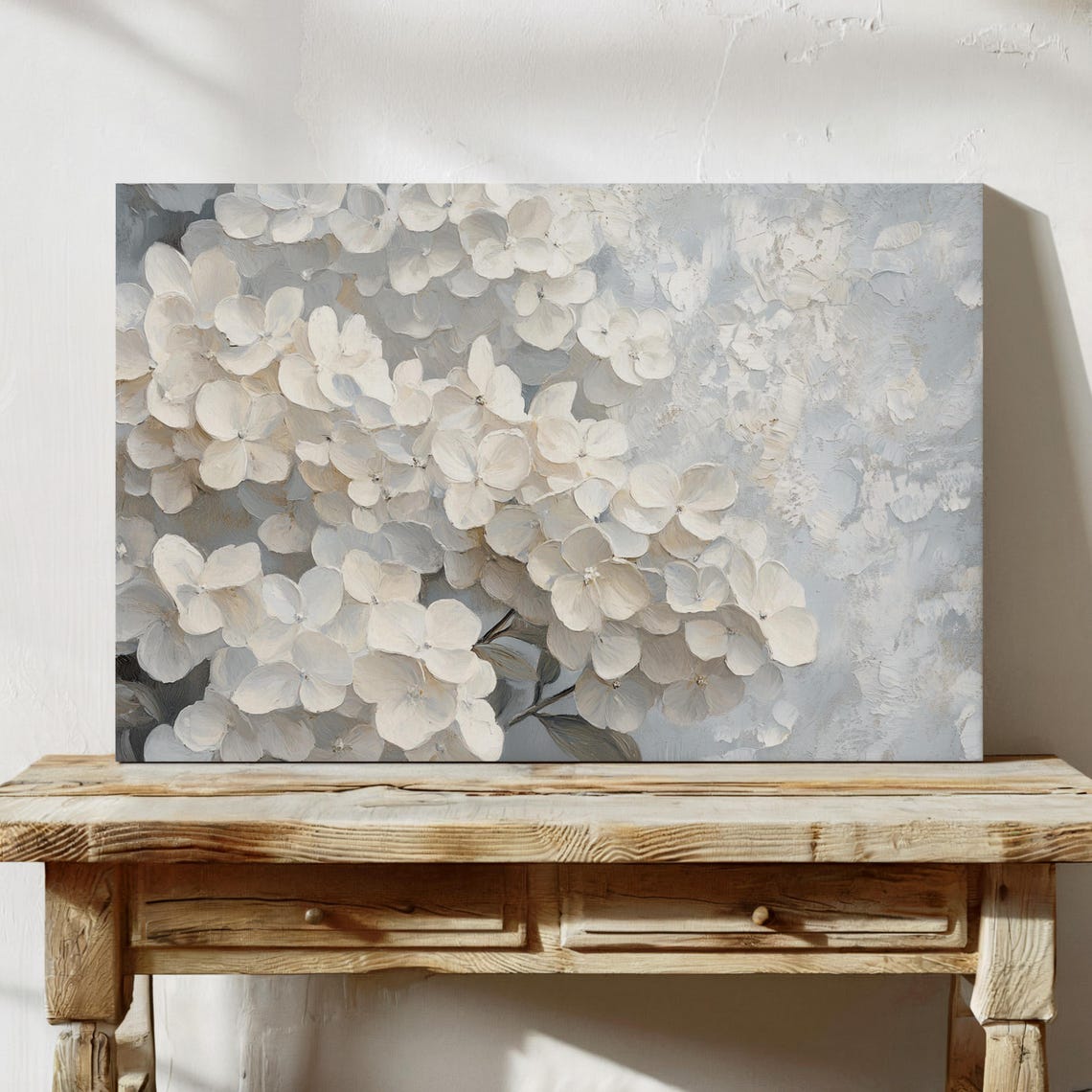Elegant White Hydrangea Textured Floral Painting on Blue Poster - Image 7