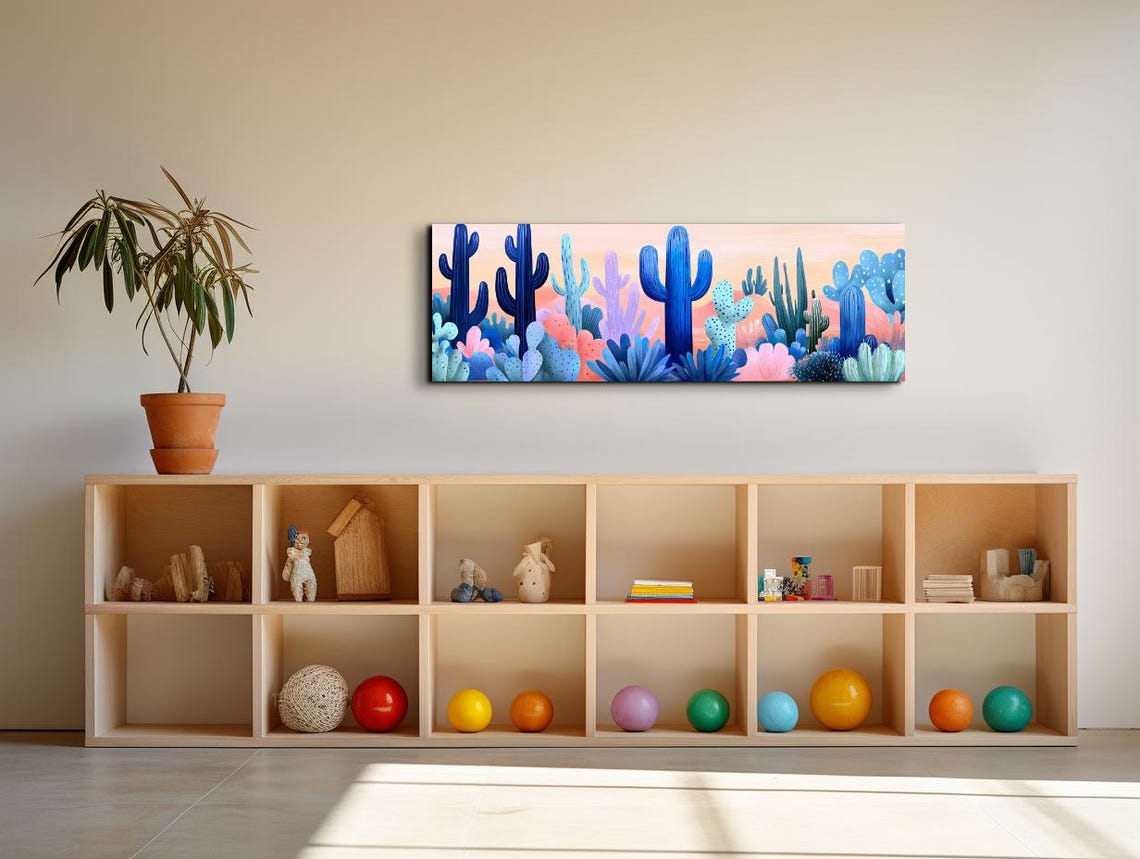 Colorful Blue Cactus Desert Illustration Sunset Sky Art Poster - Image 5