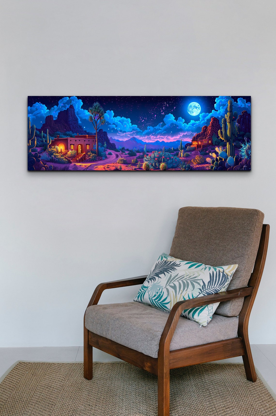 Desert Night Adobe House Saguaro Cactus Full Moon Neon Sky Wall Art - Image 4