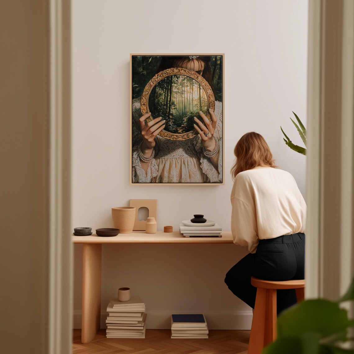 Woman Holding Ornate Gold Mirror Reflecting Sunlit Forest Poster - Image 4