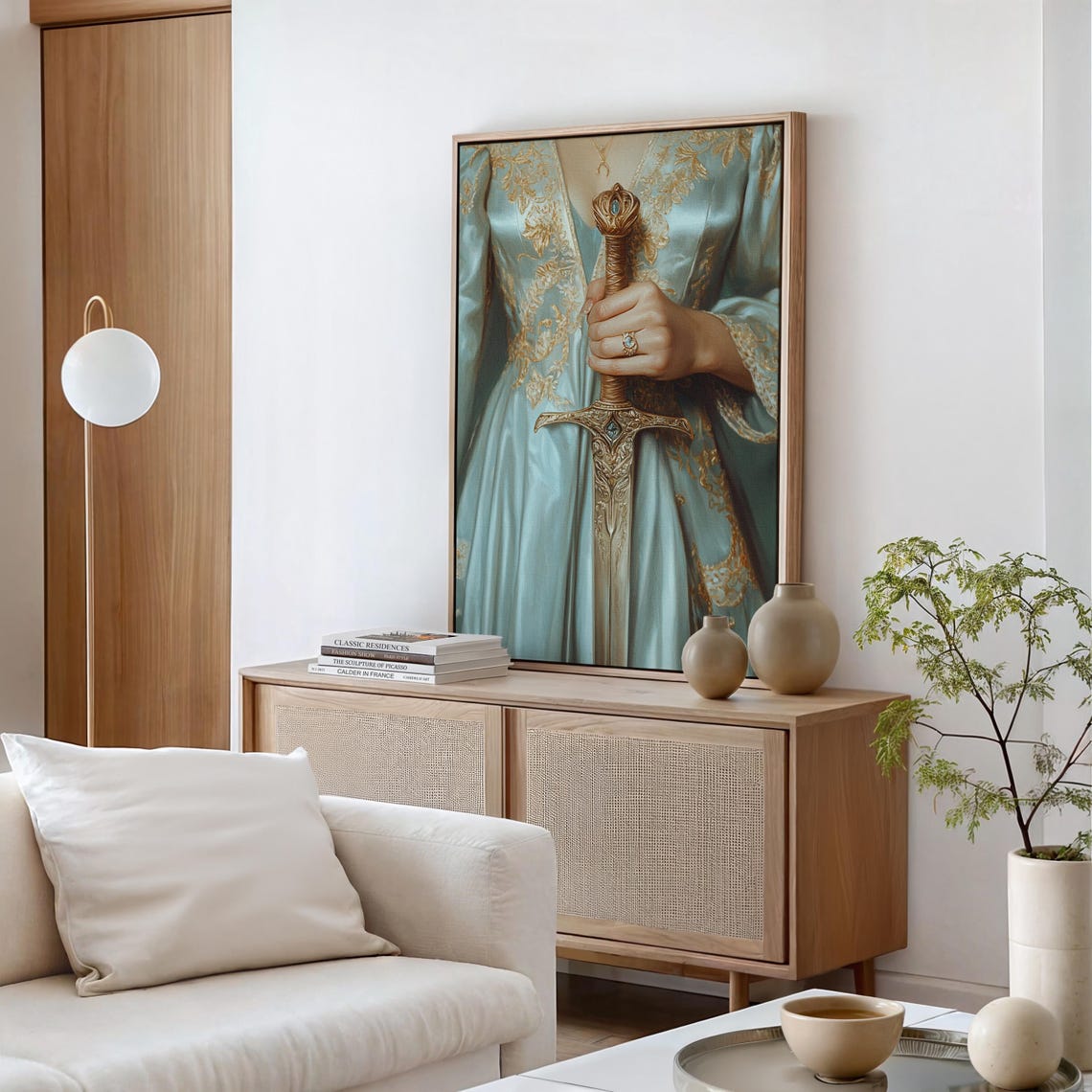 Warrior Queen in Ice Blue Gown Holding Ornate Golden Sword Poster - Image 3