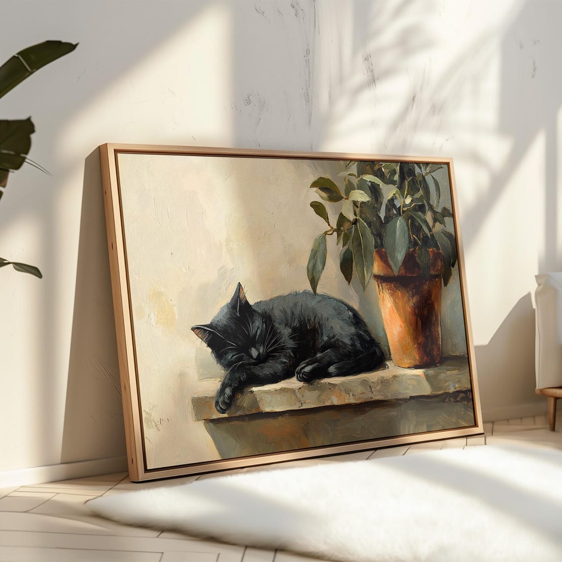 Sleeping Black Cat Potted Plant Sunlit Oil Painting Cat Poster