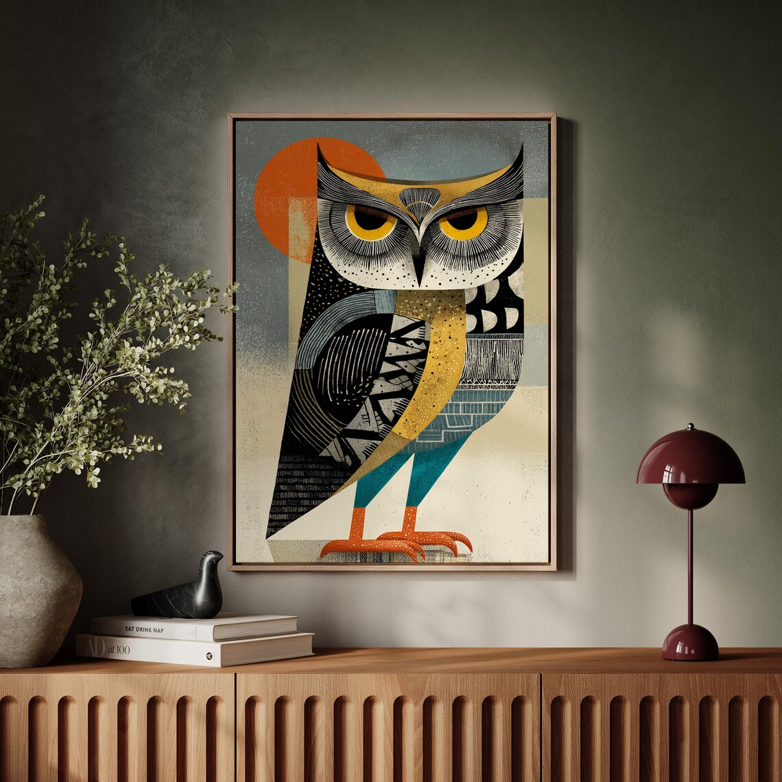 Geometric Owl With Bold Patterns and Orange Sun Art Deco Style Bird Poster
