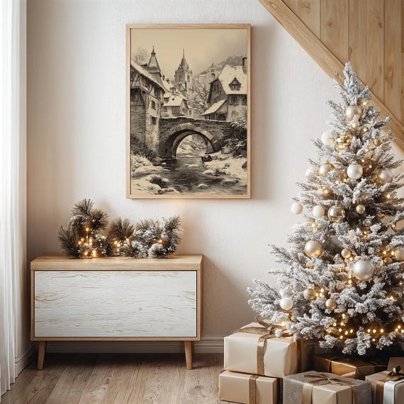 Vintage Winter Village With Stone Bridge