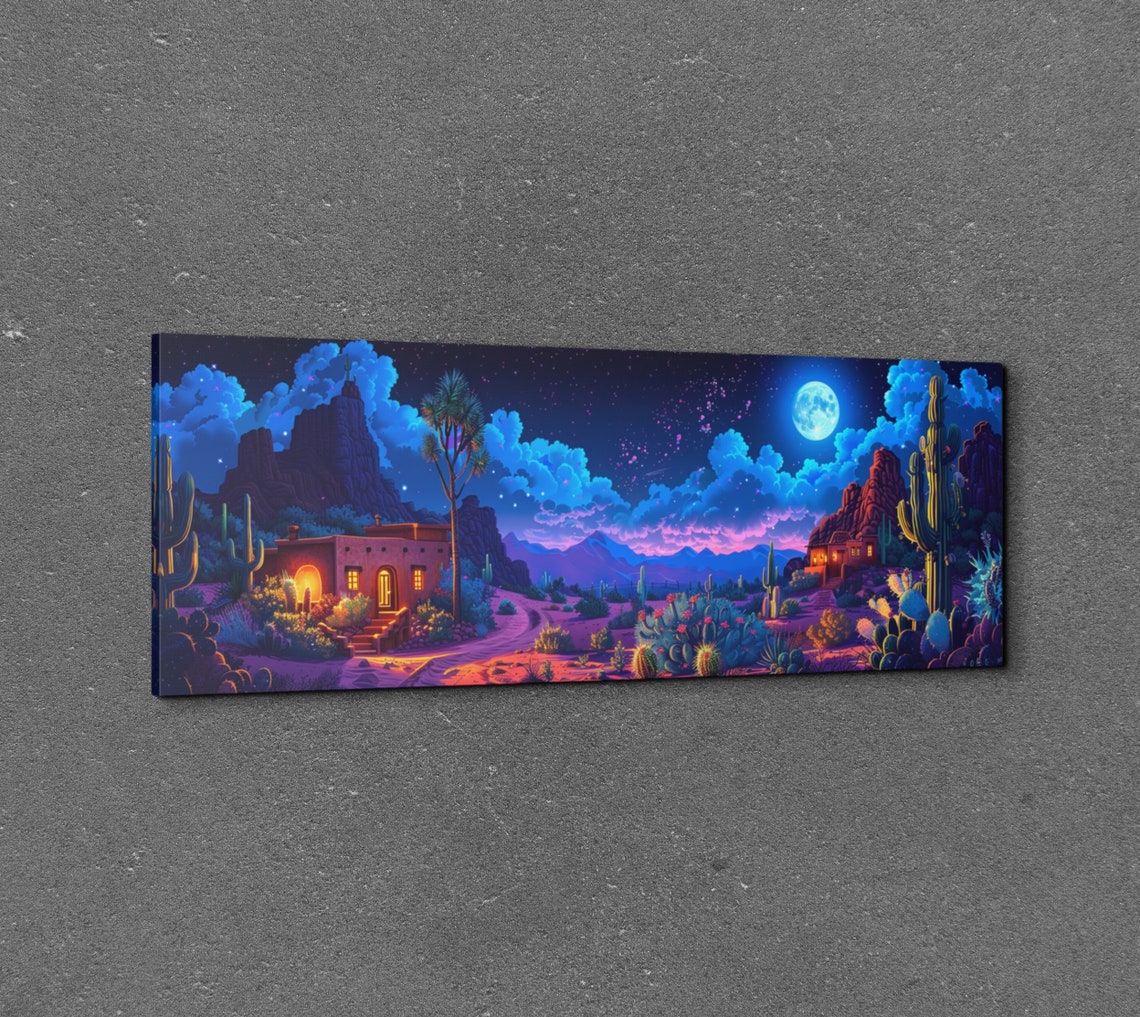 Desert Night Adobe House Saguaro Cactus Full Moon Neon Sky Wall Art - Image 3