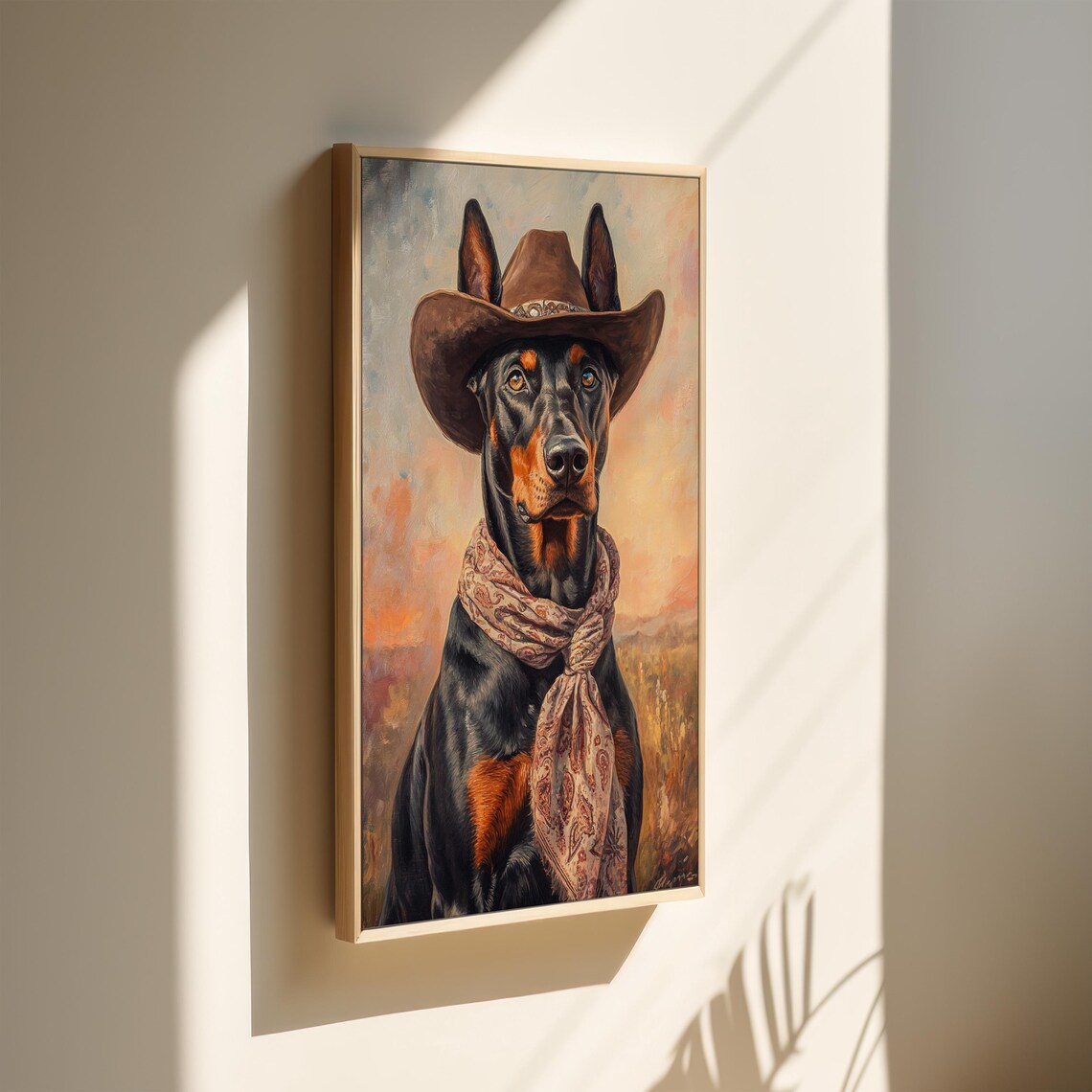 Doberman Cowboy Hat Beige Paisley Scarf Western Dog Portrait Poster