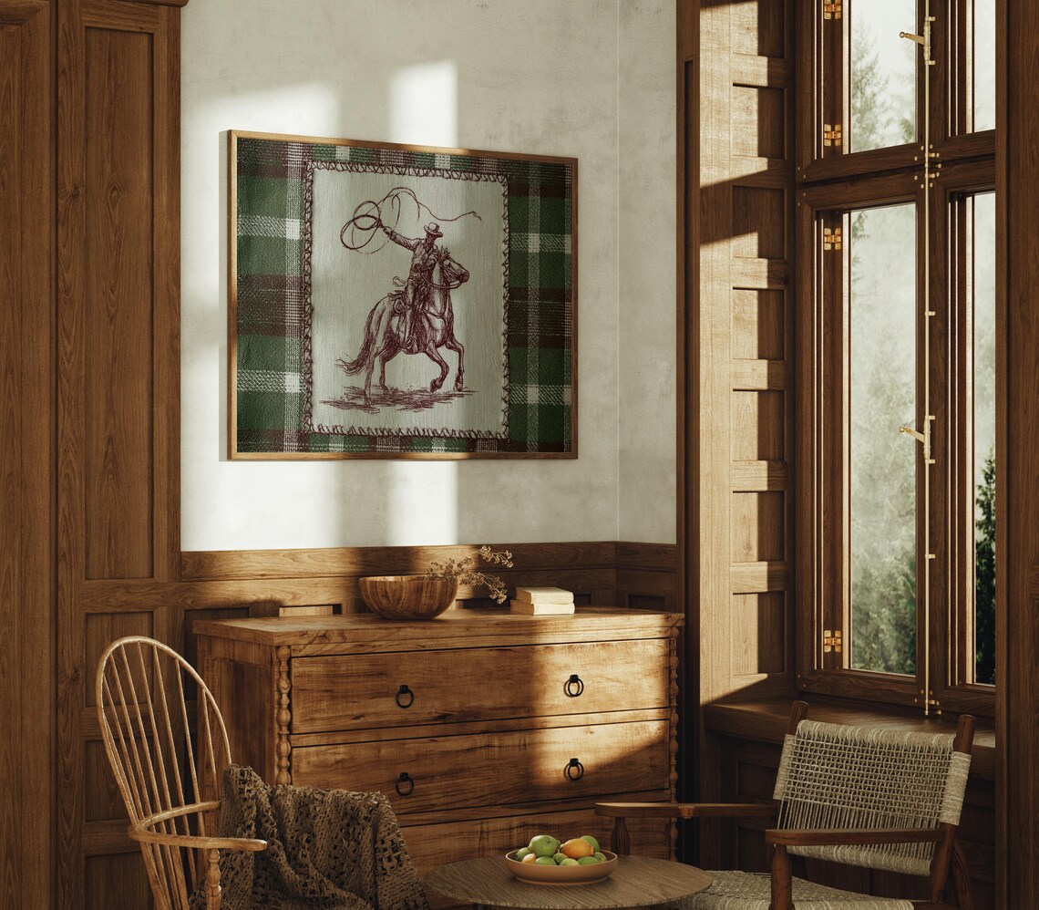 Lasso-Twirling Cowboy Horse Plaid Border Vintage Western Print