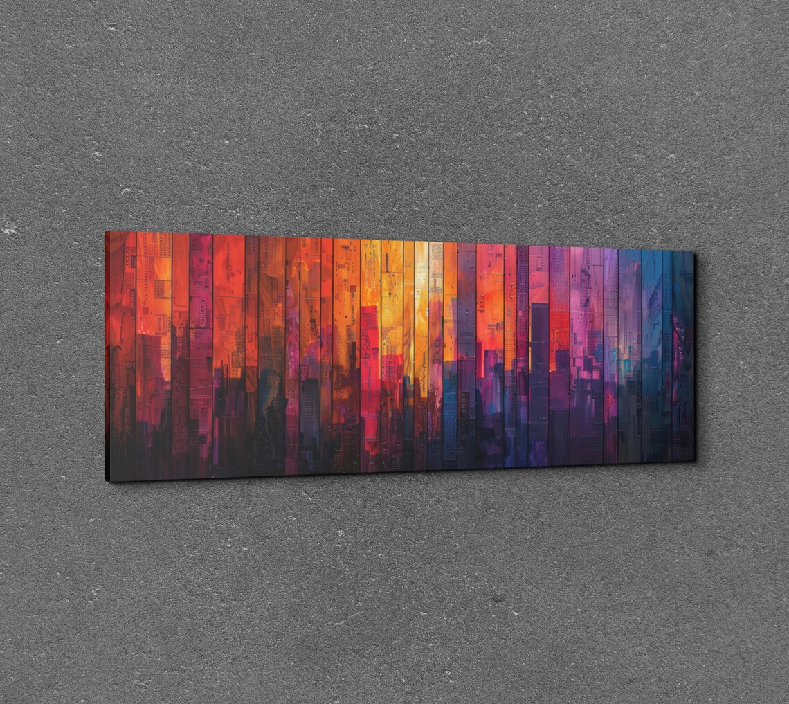 Colorful Urban Skyline Collage On Painted Wood Planks Wall Art - Image 7