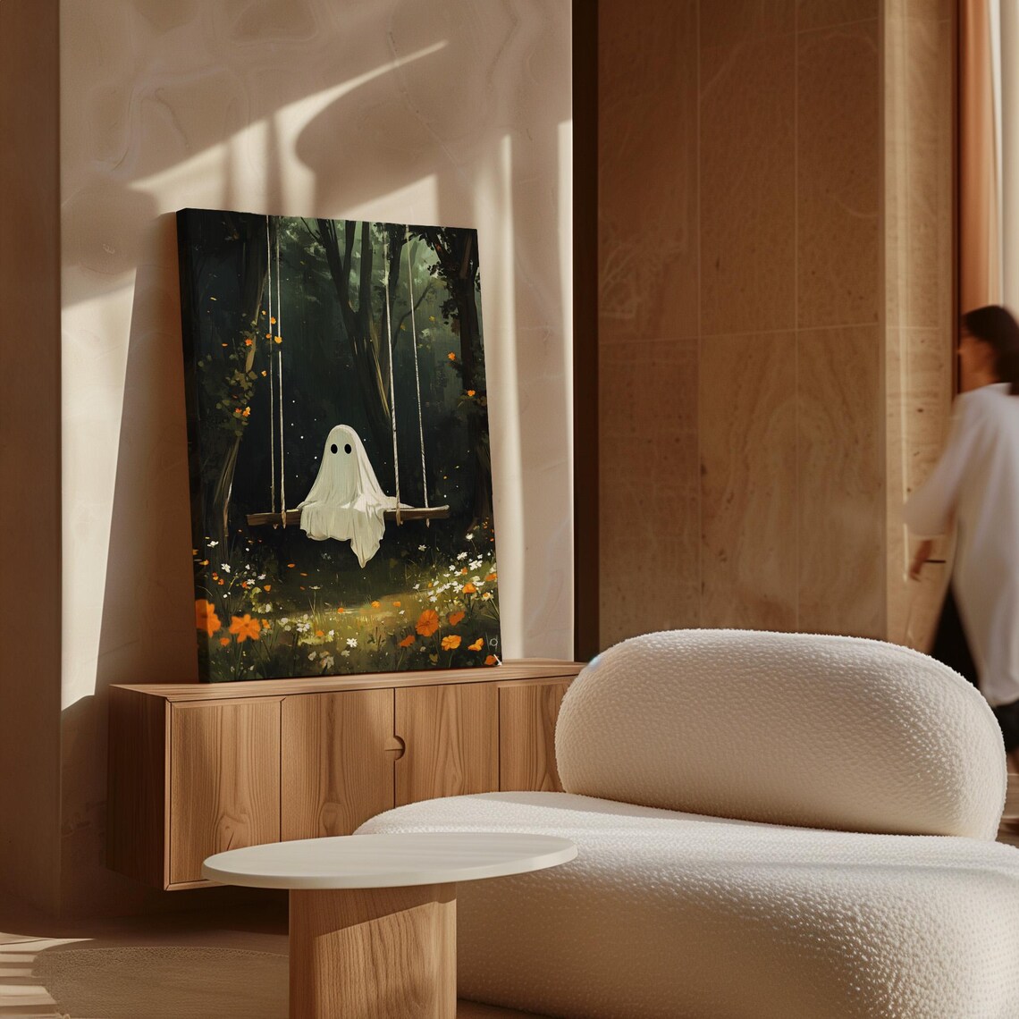 Ghost On Forest Swing, Whimsical Nature Decor - Image 4