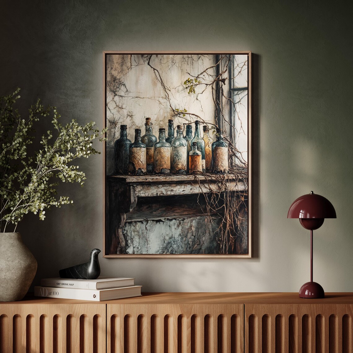 Row of Vintage Blue Glass Bottles on a Shelf with Vines Rustic Poster - Image 6