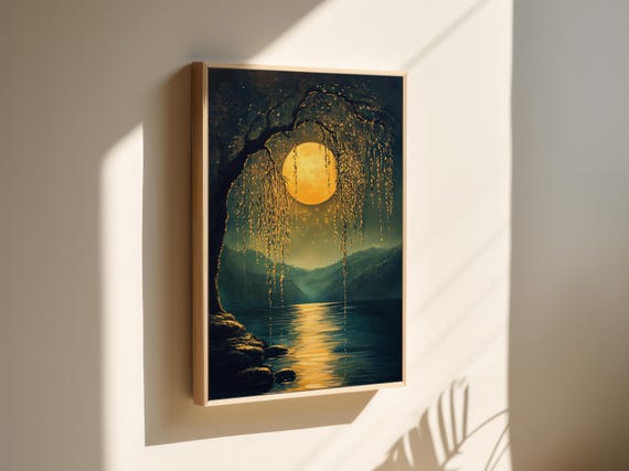 Enchanted Willow Tree By Moonlit Lake Mystical Golden Moon Wall Art For Serene And Peaceful Home Dcor