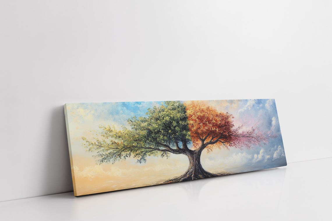 Half Summer Half Autumn Tree Dreamlike Seasonal Panoramic Art Print - Image 3