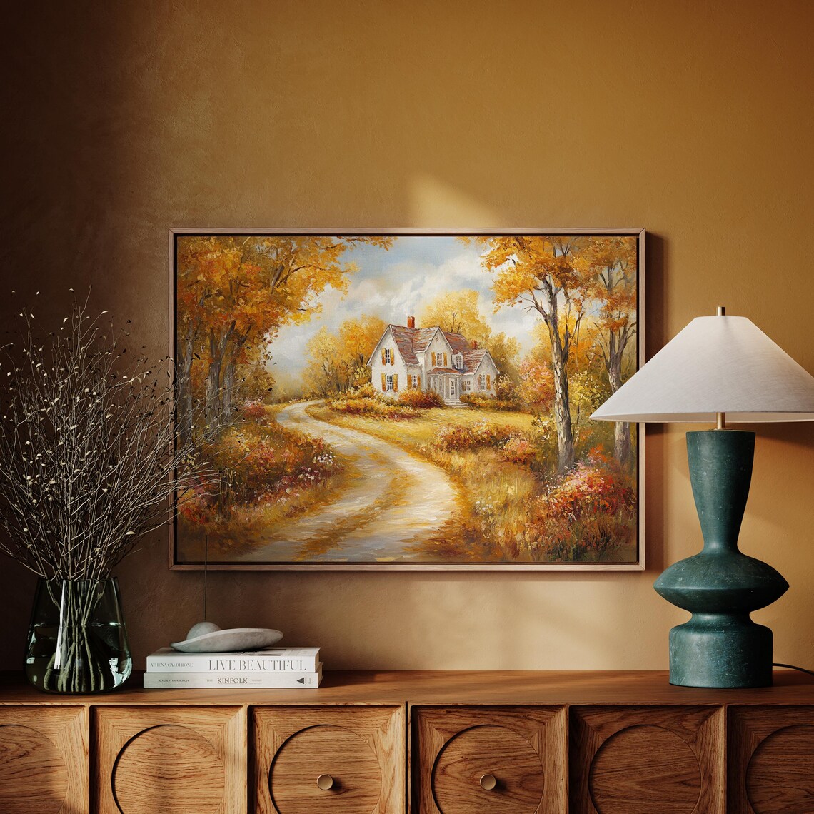 Charming Country Cottage in Autumn Golden Fall Landscape with Winding Road Poster - Image 4