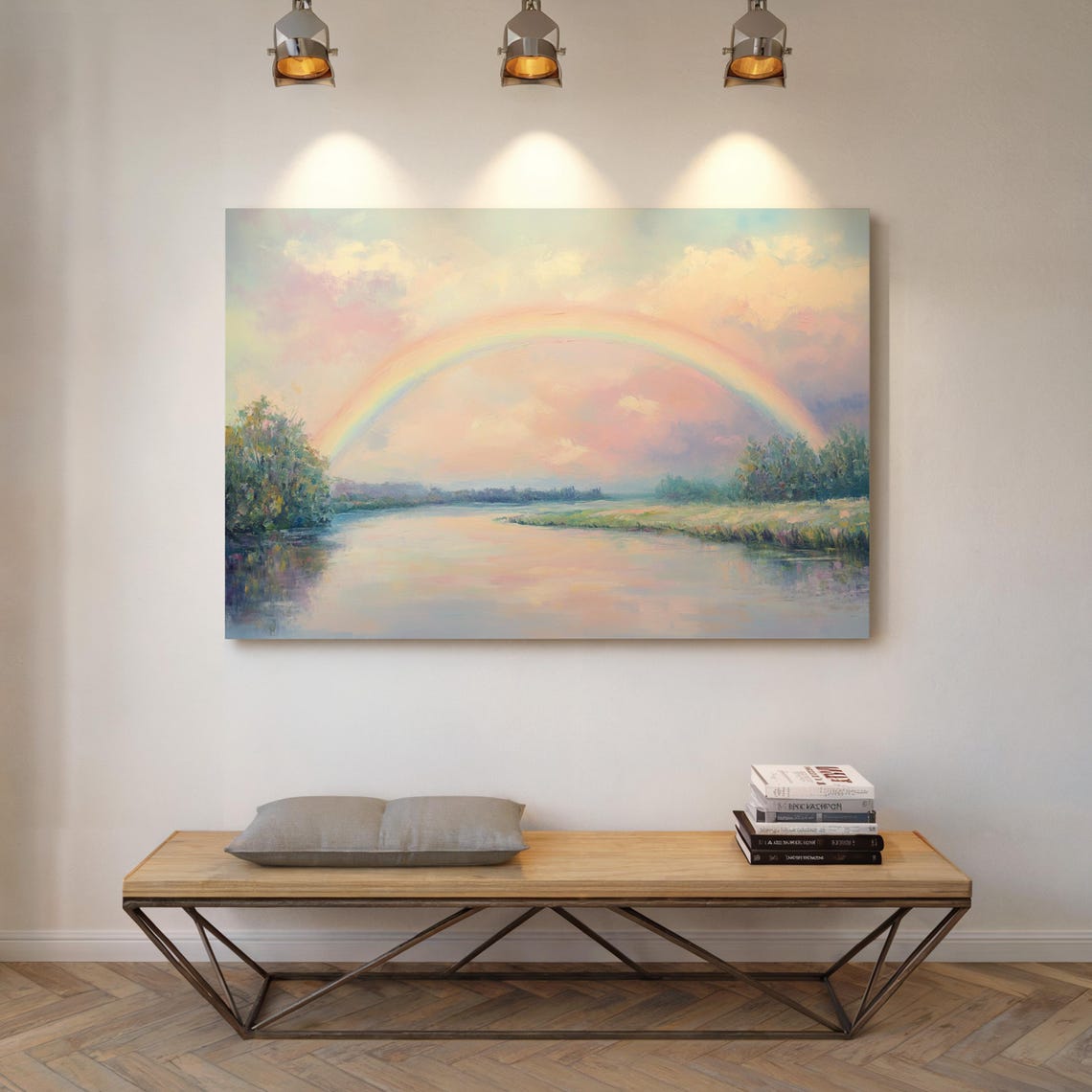 Serene Rainbow Over Calm River Peaceful Pastel Landscape Poster - Image 7