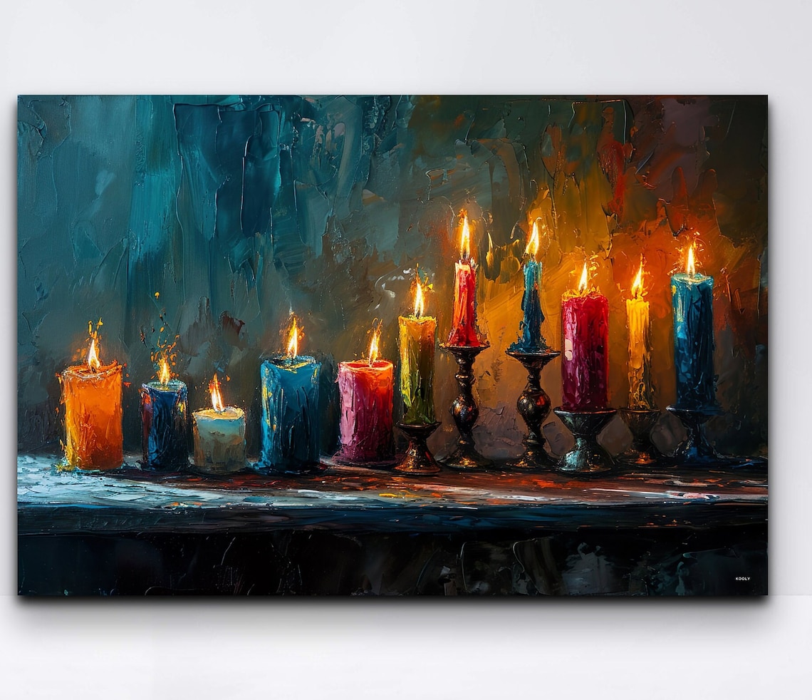 Lit Candles Oil Painting Colorful Flames Cozy Still Life Poster