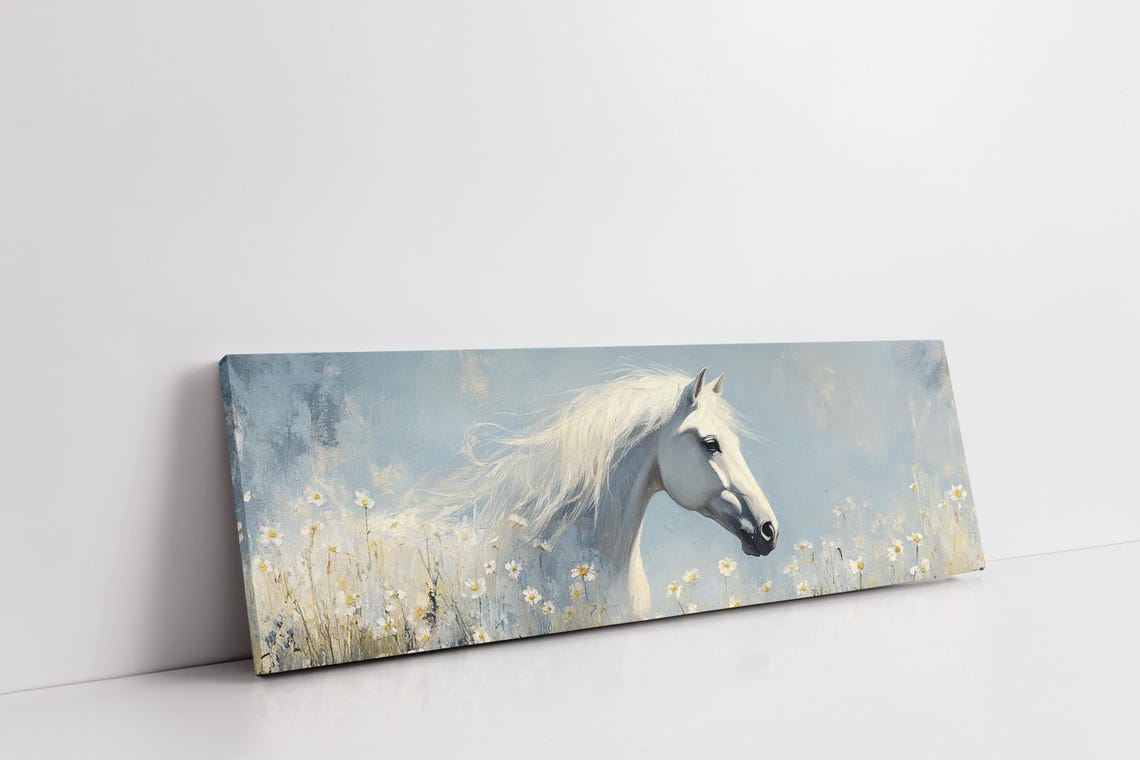White Horse Daisy Field Profile Serene Equine Panorama Poster - Image 7