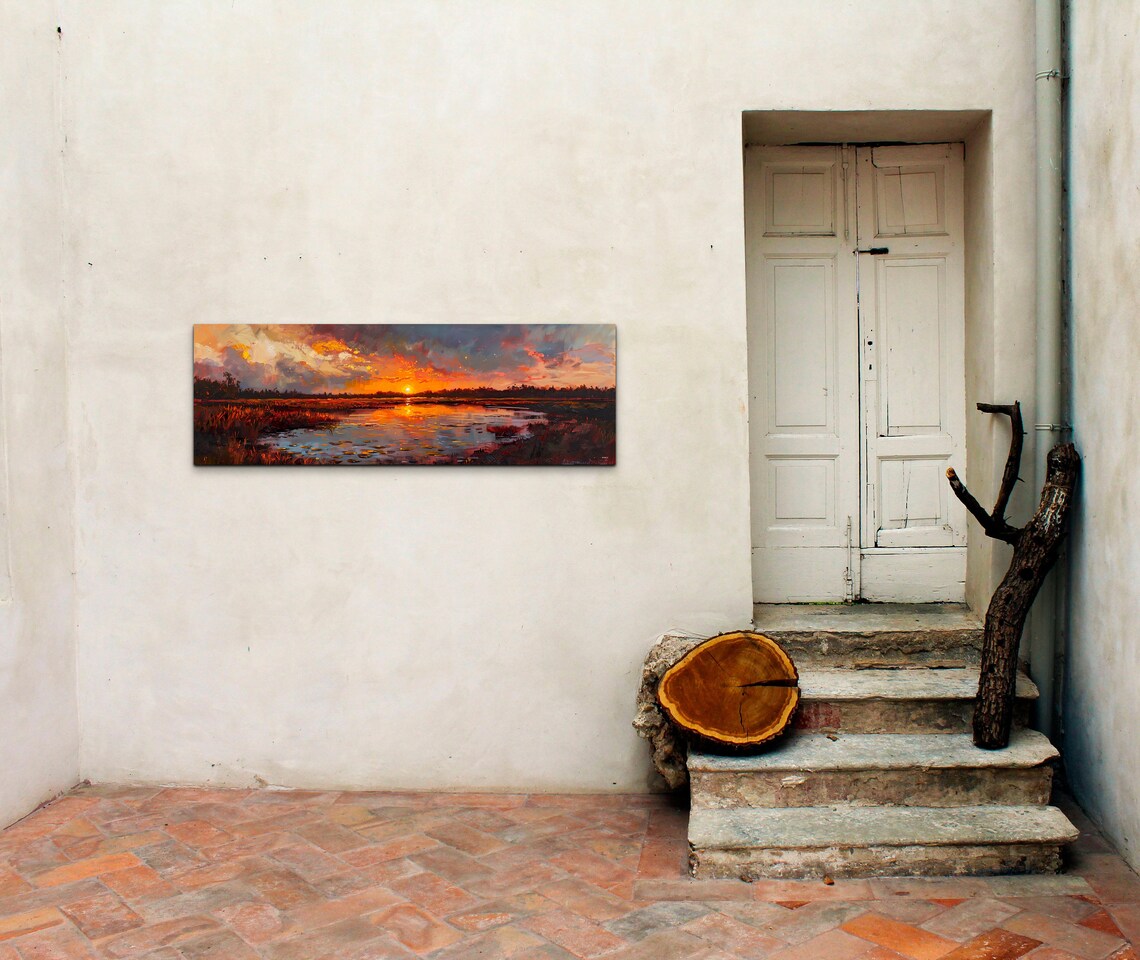 Dramatic Fiery Orange Sunset Over a Wetland with Lily Pads Poster - Image 4