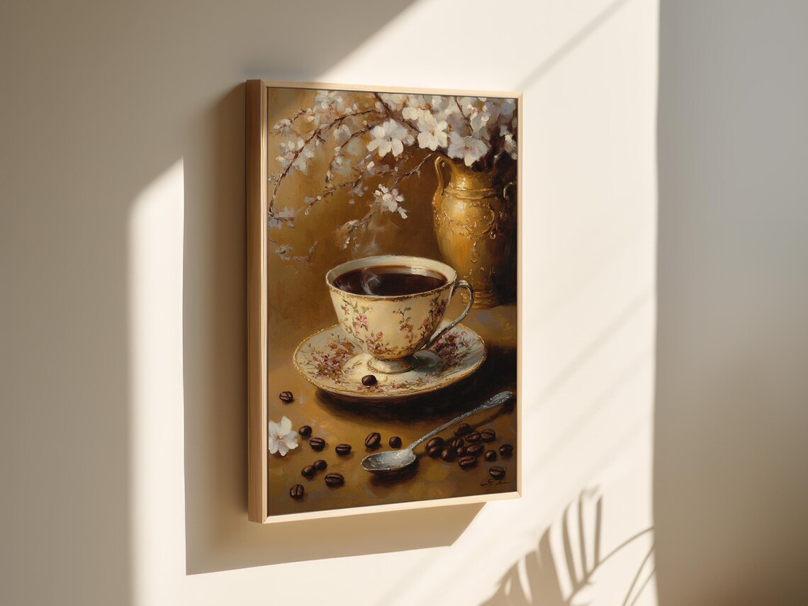 Vintage Floral Teacup Coffee Beans Golden Vase Still Life Poster - Image 7