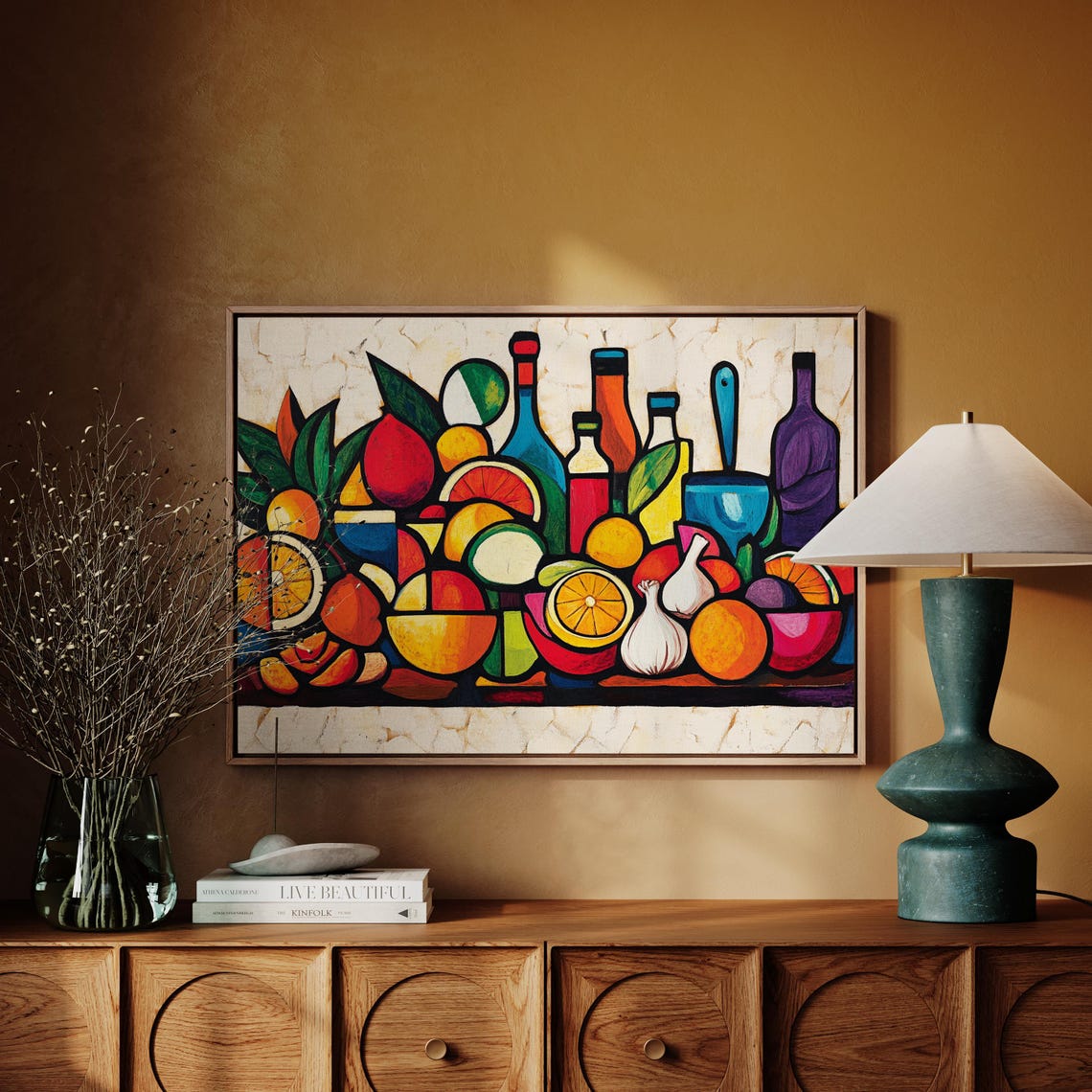 Bold Cubist Fruit and Bottles Still Life Modern Kitchen Poster