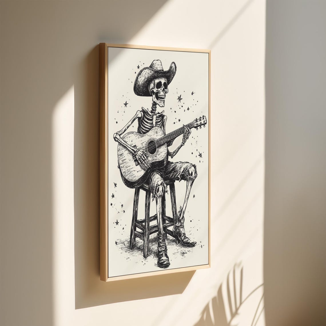 Cowboy Skeleton Playing Guitar Art Western Gothic Decor Vintage Country Music Wall Art Dark Western Illustration Print - Image 3