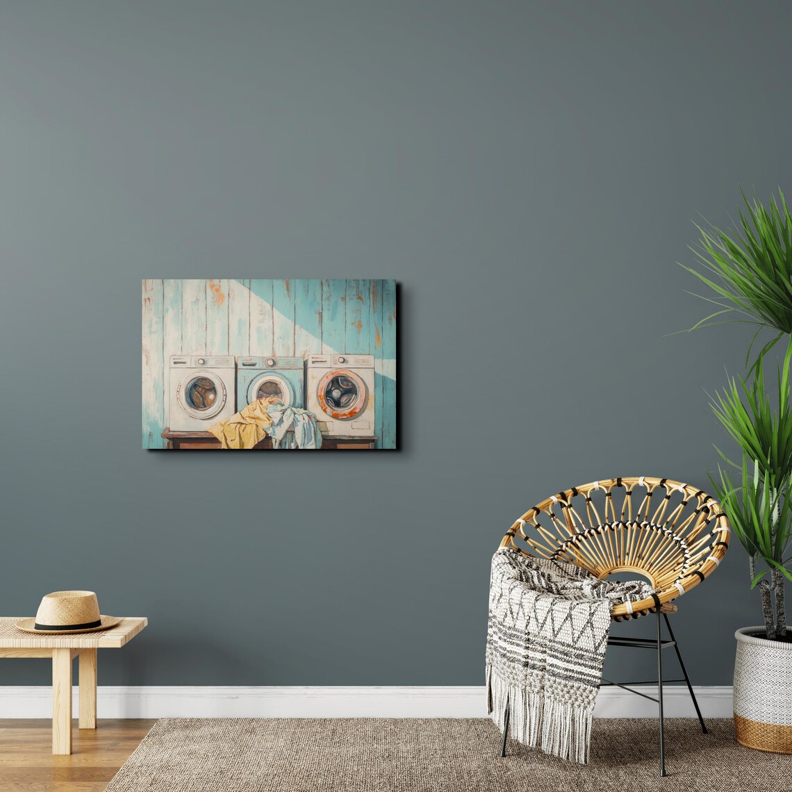 Retro Washing Machines Turquoise Plank Wall Laundry Room Art Poster - Image 4