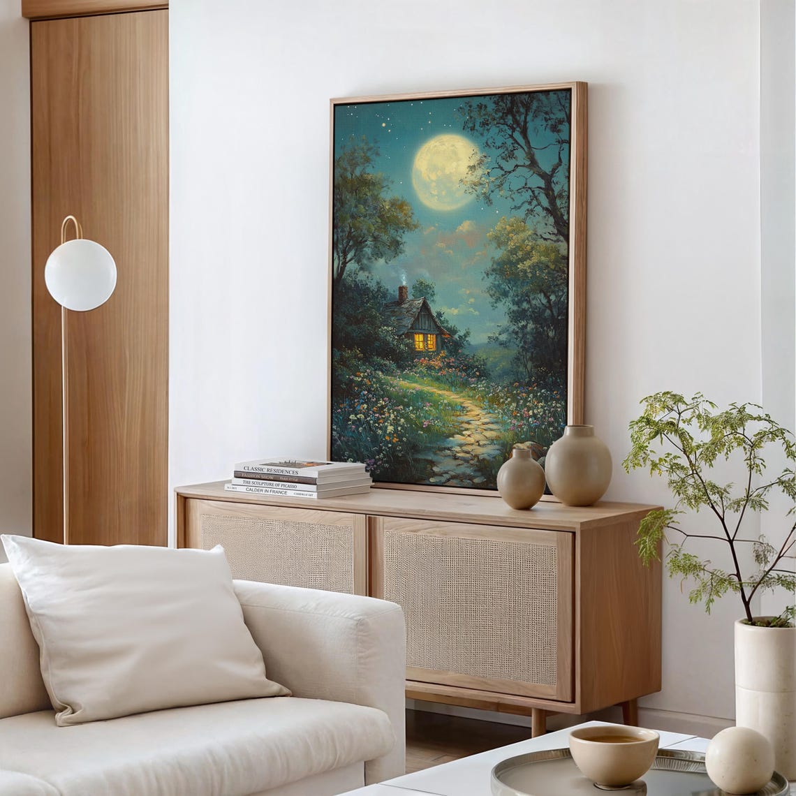 Woodland Cottage Full Moon Stone Path Meadow Flowers Night Poster - Image 4