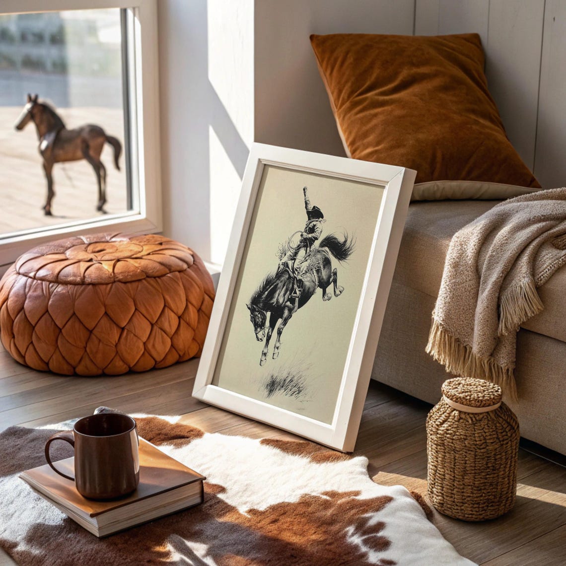 Cowboy Riding Bucking Bronco Black Ink Sketch Rodeo Wall Art