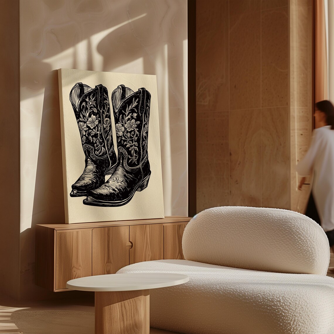 Floral Cowboy Boots Linocut Style Black and White Western Poster - Image 3
