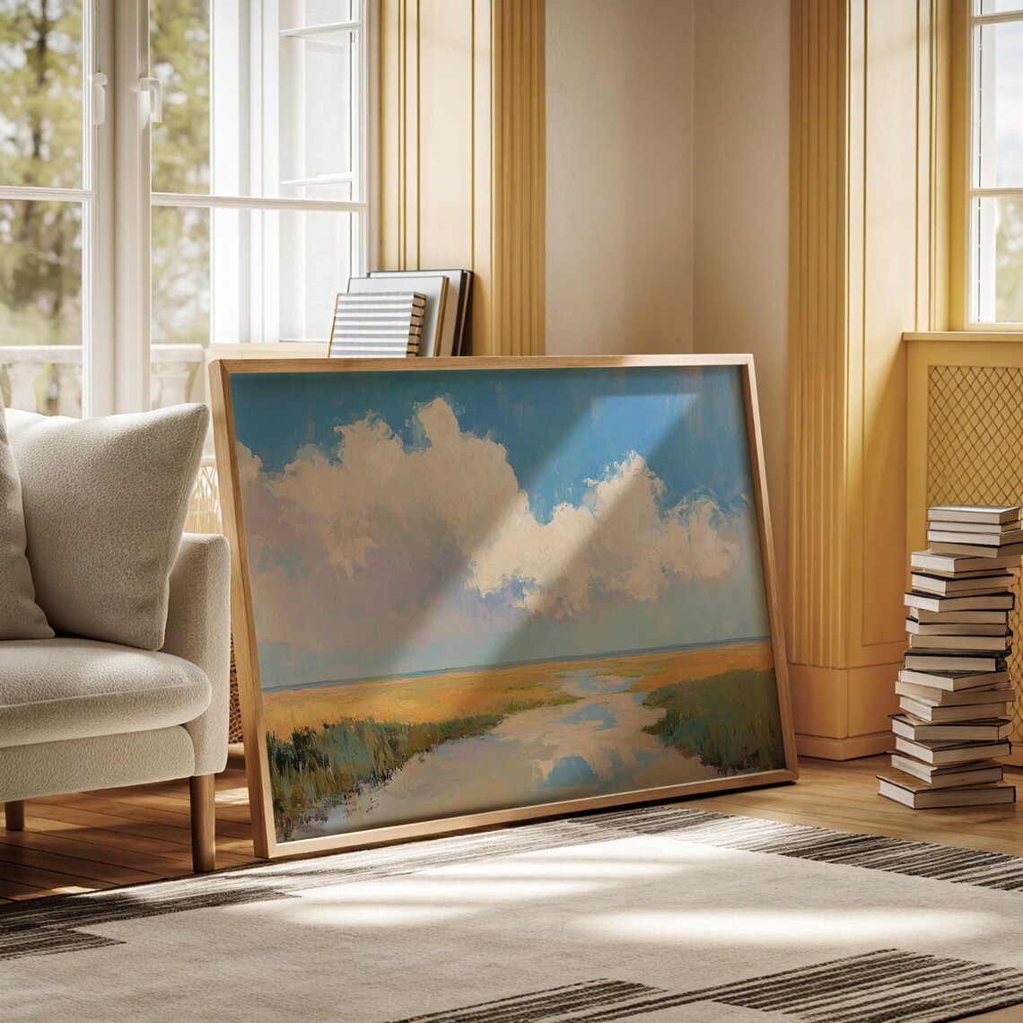 Golden Marsh Wetland Landscape Painting with Soft Bright Clouds Poster