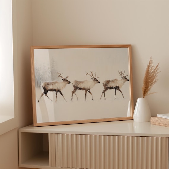 Three Reindeer in Snowy Forest Scandinavian Winter Wildlife Poster