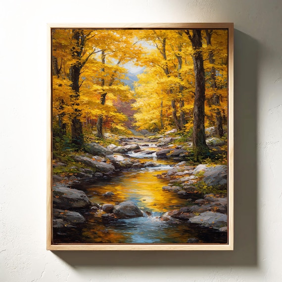 Golden Autumn Creek Through Fall Forest Rustic River Landscape Oil Poster