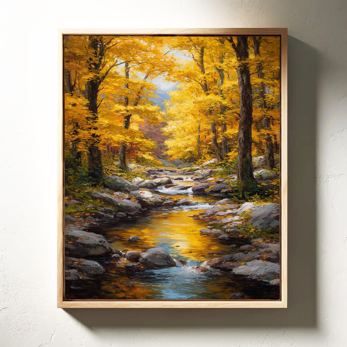 Golden Autumn Creek Through Fall Forest Rustic River Landscape Oil Poster