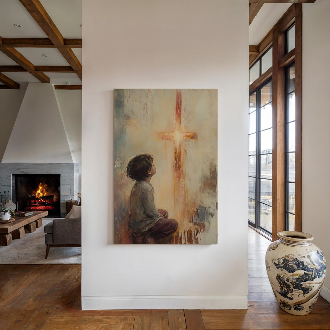 Small Child Gazing Up at a Glowing Cross in Soft Light Poster - Image 4