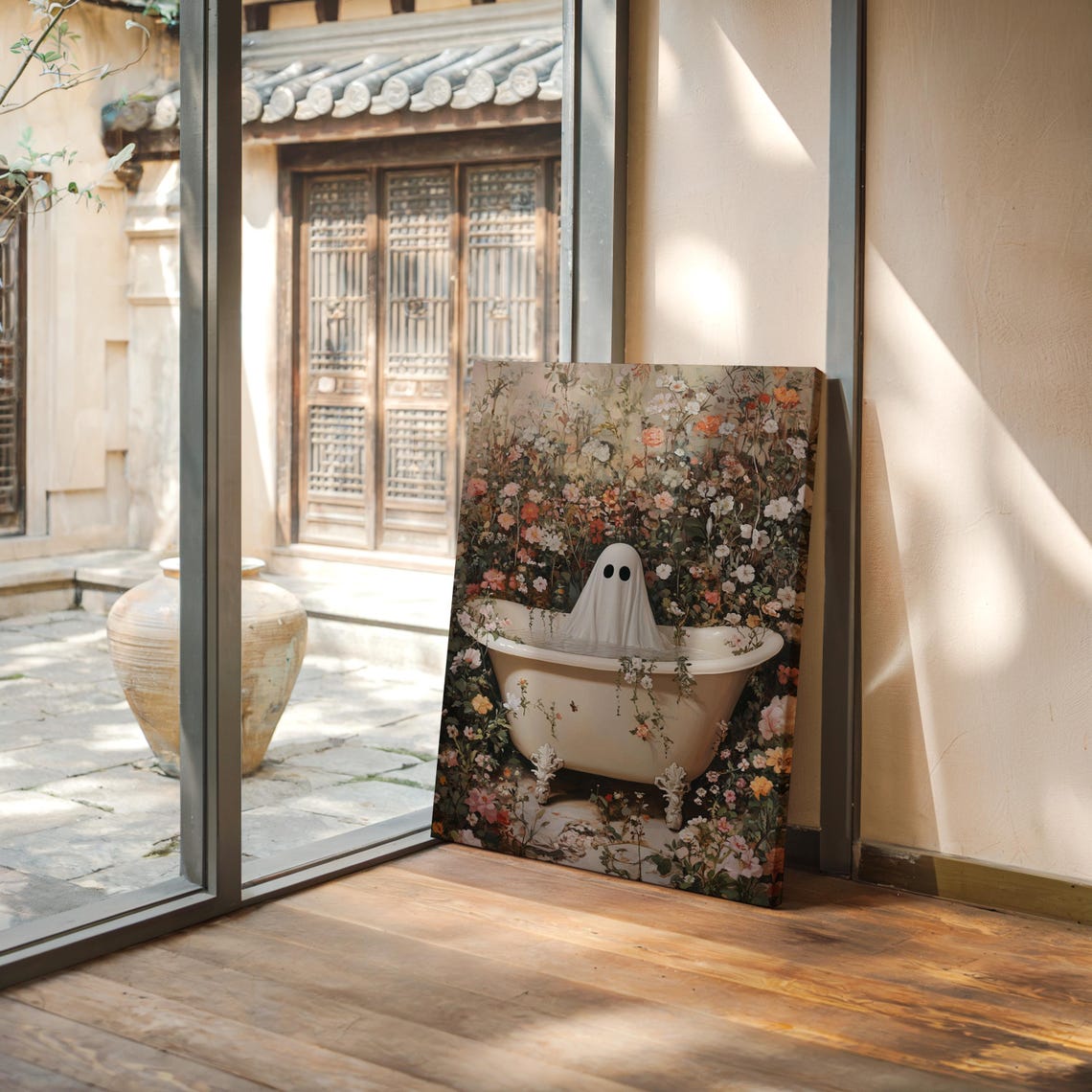Whimsical Ghost Bathing In Vintage Tub Among Wildflowers Canvas Poster - Image 4