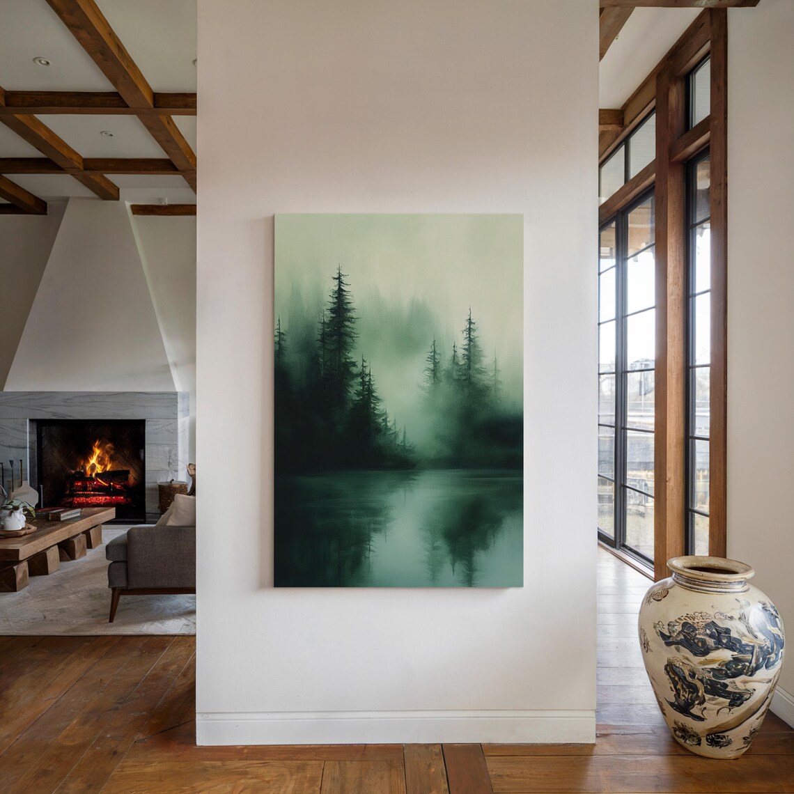 Misty Evergreen Forest Lake Foggy Green Tranquil Scene Wall Art - Image 5