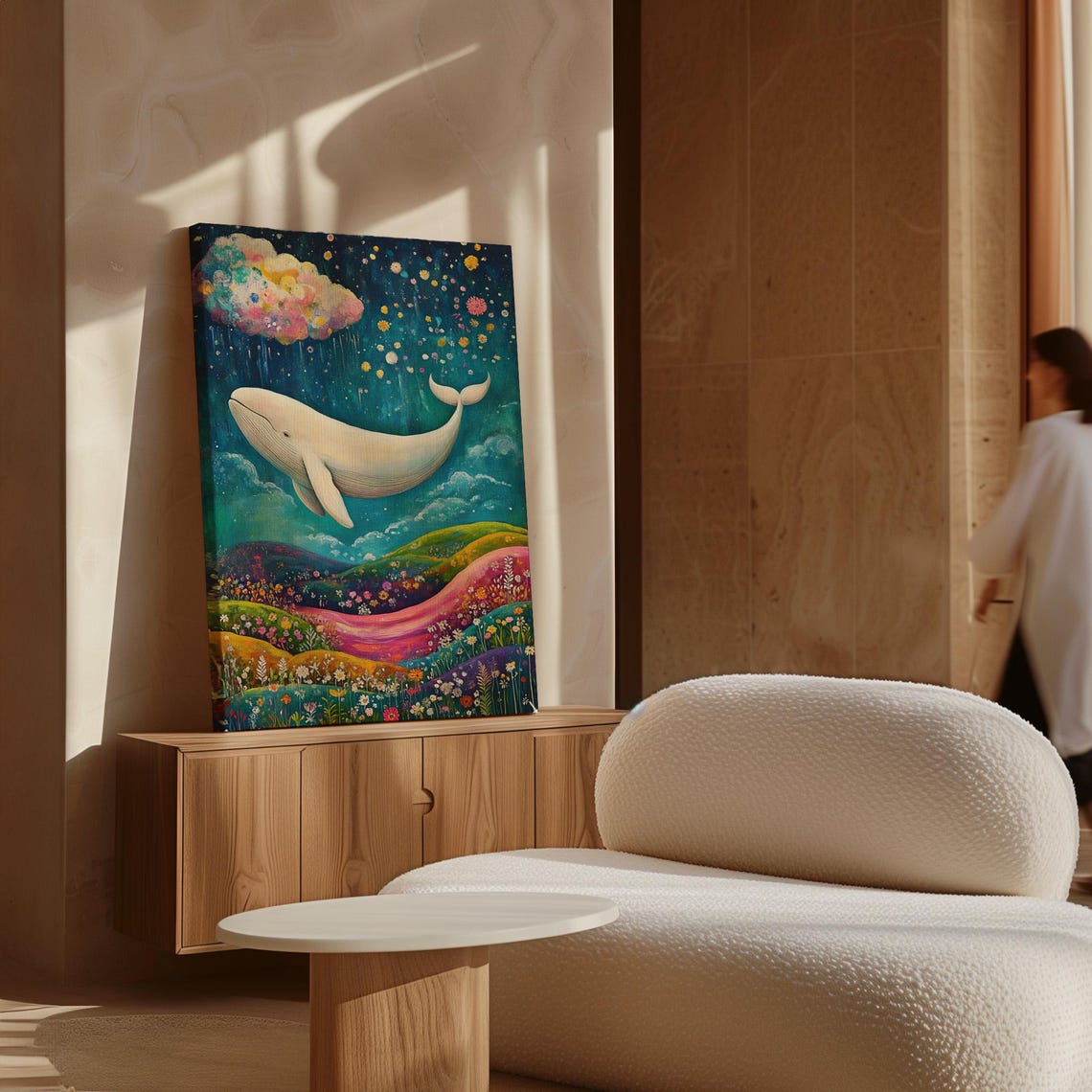 Magical White Whale Over Colorful Wildflower Hills Night Sky Poster - Image 6