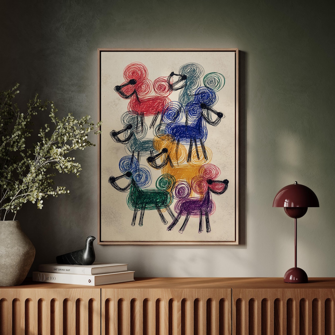 Colorful Poodle Illustration, Whimsical Line Art