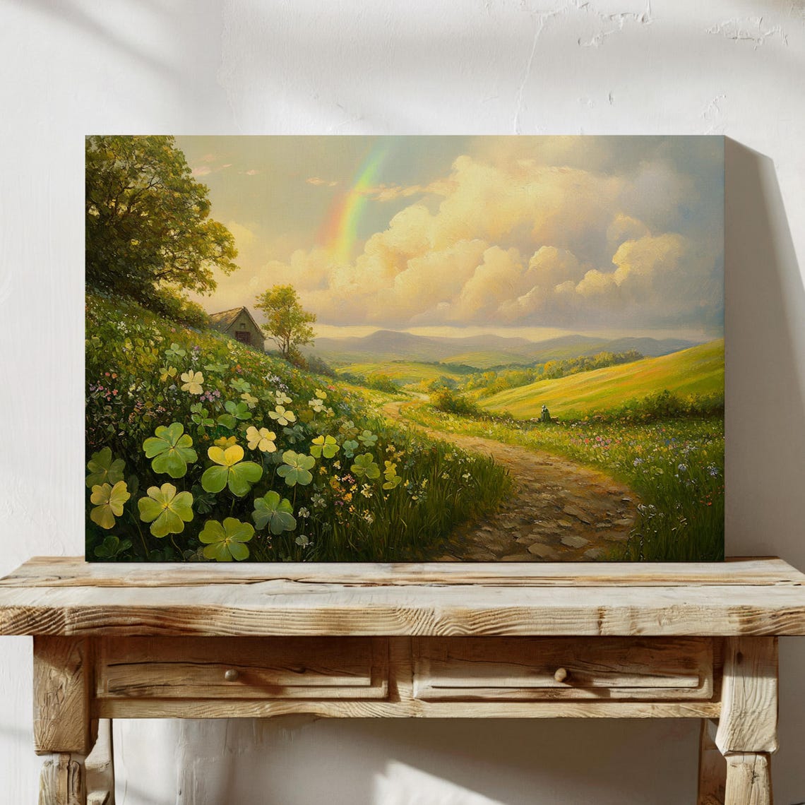 Rainbow Over Countryside Hills Wildflower Meadow Cottage Path Wall Art - Image 3