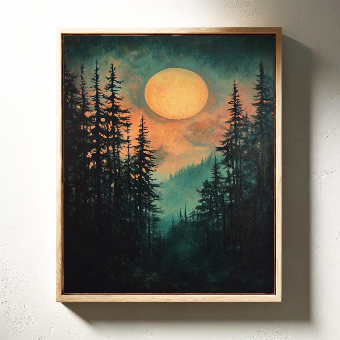 Golden Full Moon Over Misty Pine Forest Night Landscape Poster - Image 6