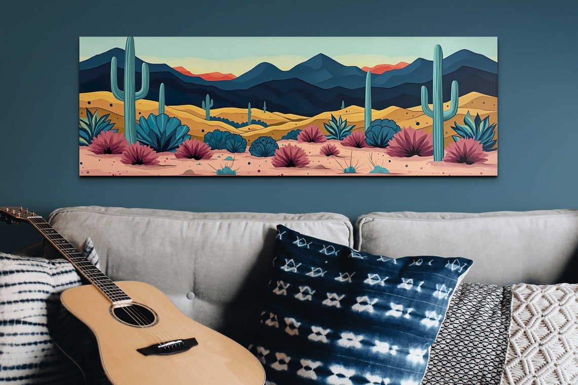 Panoramic Desert Cactus Colorful Pink Blue Modern Decor Wall Art - Image 7