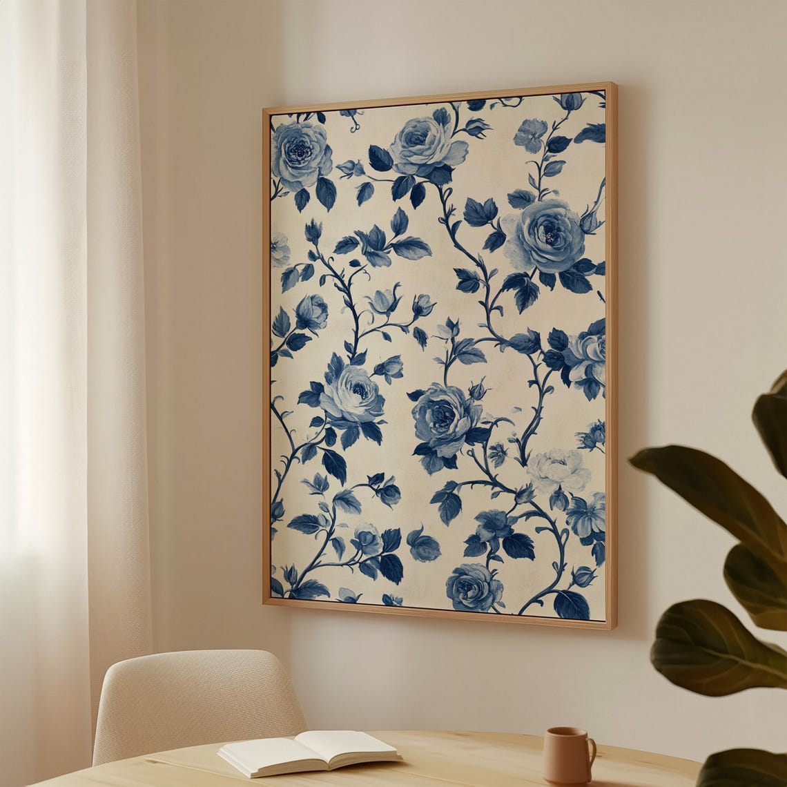 Vintage Blue and White Roses Chinoiserie Floral Pattern Poster