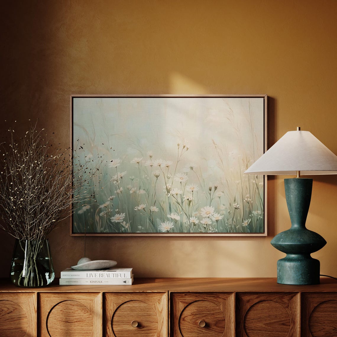 White Daisy Meadow Soft Pastel Misty Wildflower Field Wall Art