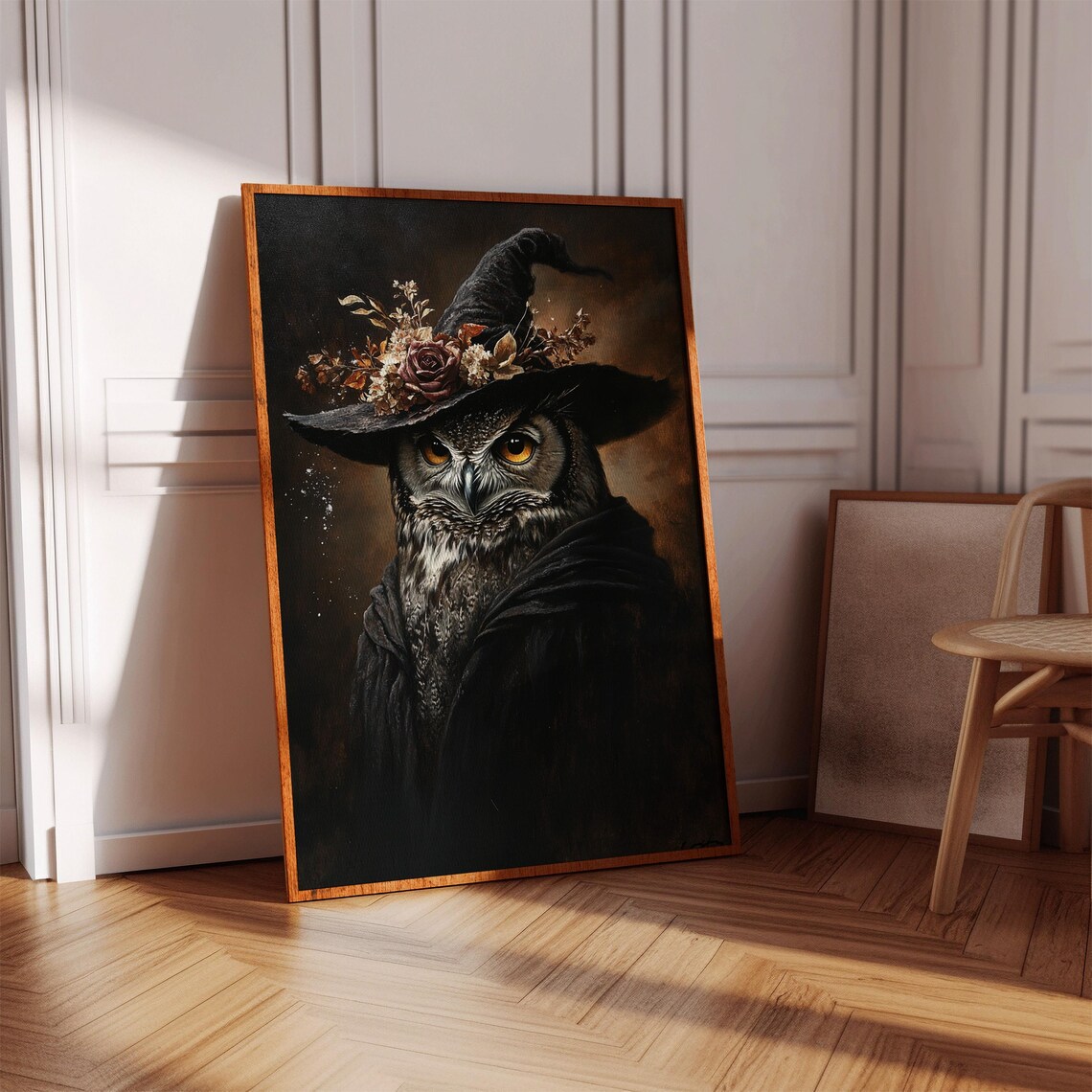 Mystical Owl Witch In Floral Hat Dark Halloween Portrait Animal Poster