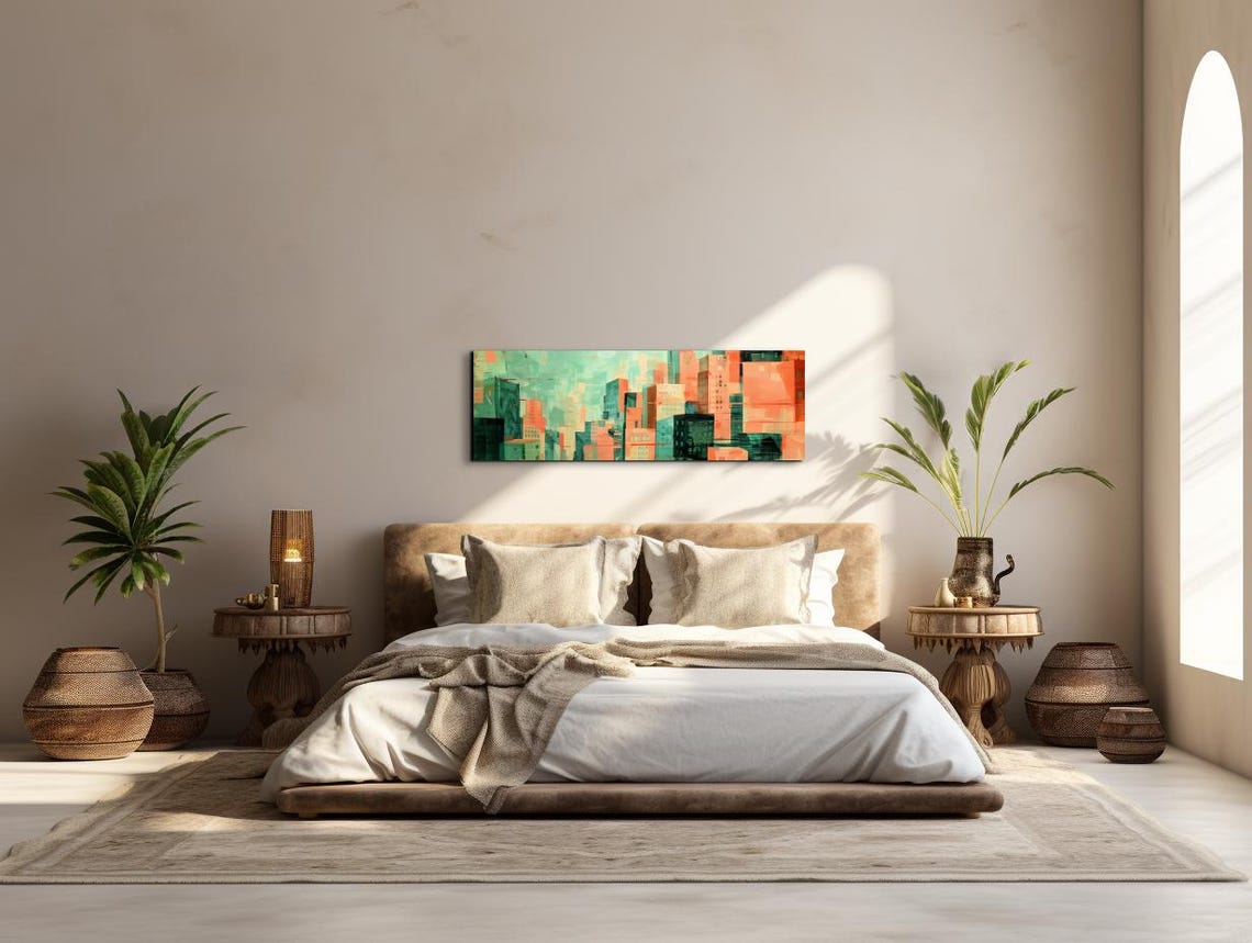 Abstract Coral and Teal City Skyline Geometric Modern Art Poster - Image 6