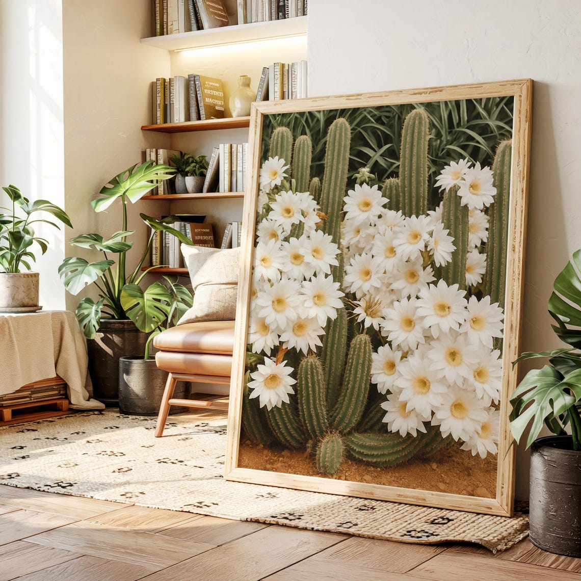 White Cactus Blossoms Blooming Columnar Desert Flowers Poster