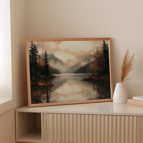 Moody Mountain Lake Art Print, Rustic Landscape