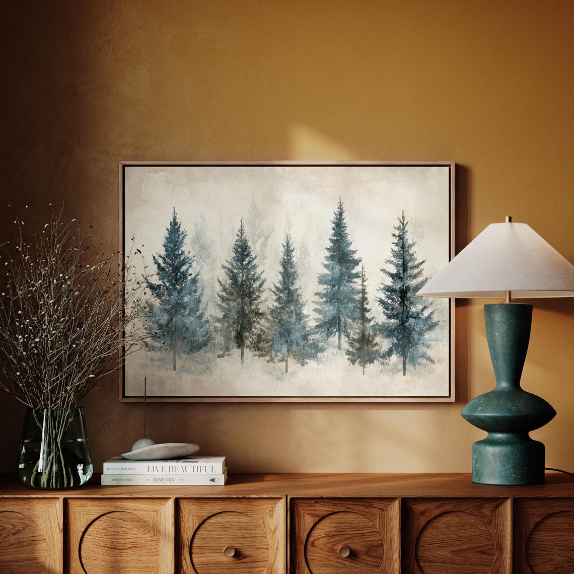 Minimalist Watercolor Blue Pine Trees In Soft Winter Fog Poster - Image 3