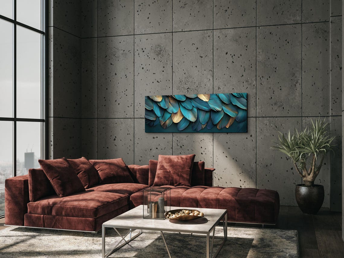 Layered Teal Gold Feathers Modern Elegant Panoramic Nature Poster - Image 6