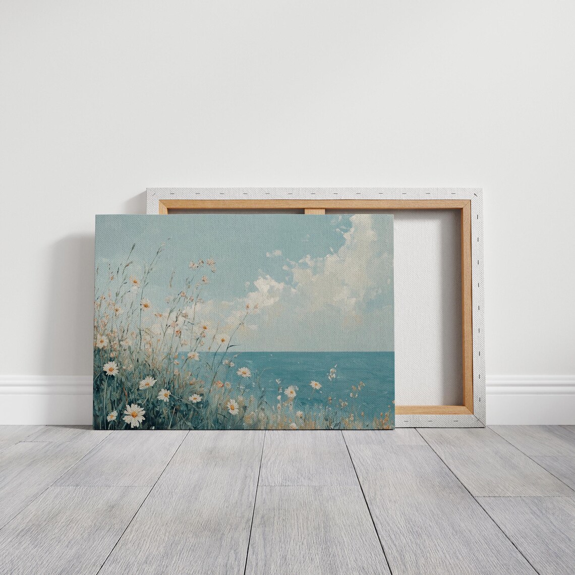 White Daisies on Coastal Cliff Azure Ocean Sky Floral Painting Poster - Image 3